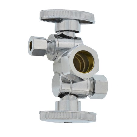 Jones Stephens 5/8" OD COMP x 3/8" OD x 1/4" OD Chrome, Quarter Turn Supply Stop, Dual S10404